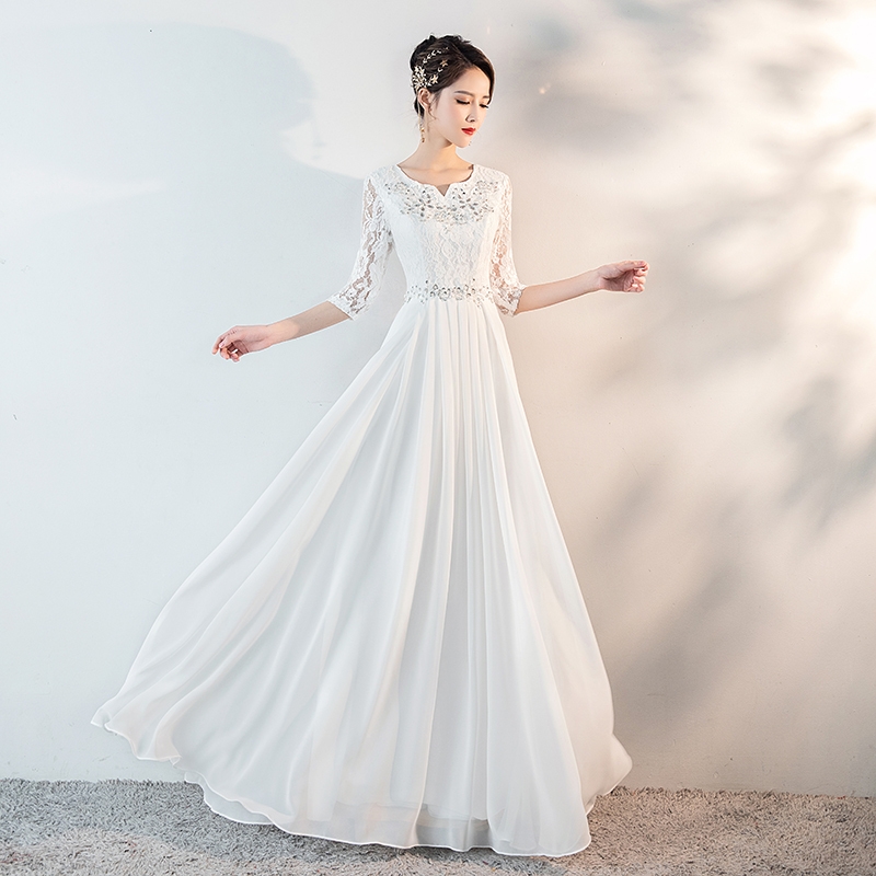 White Choir Performance Dress, Women's Long Dress, Host Recitation Evening Dress, Middle-Aged and Elderly Red Song Competition Performance Costume