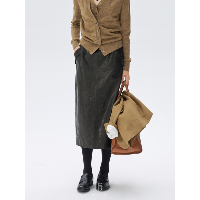Msdidion｜New York under the Moonlight - Textured Eco-Friendly Oil-Waxed Tanned Goat Leather - Autumn Hip-Hugging Skirt
