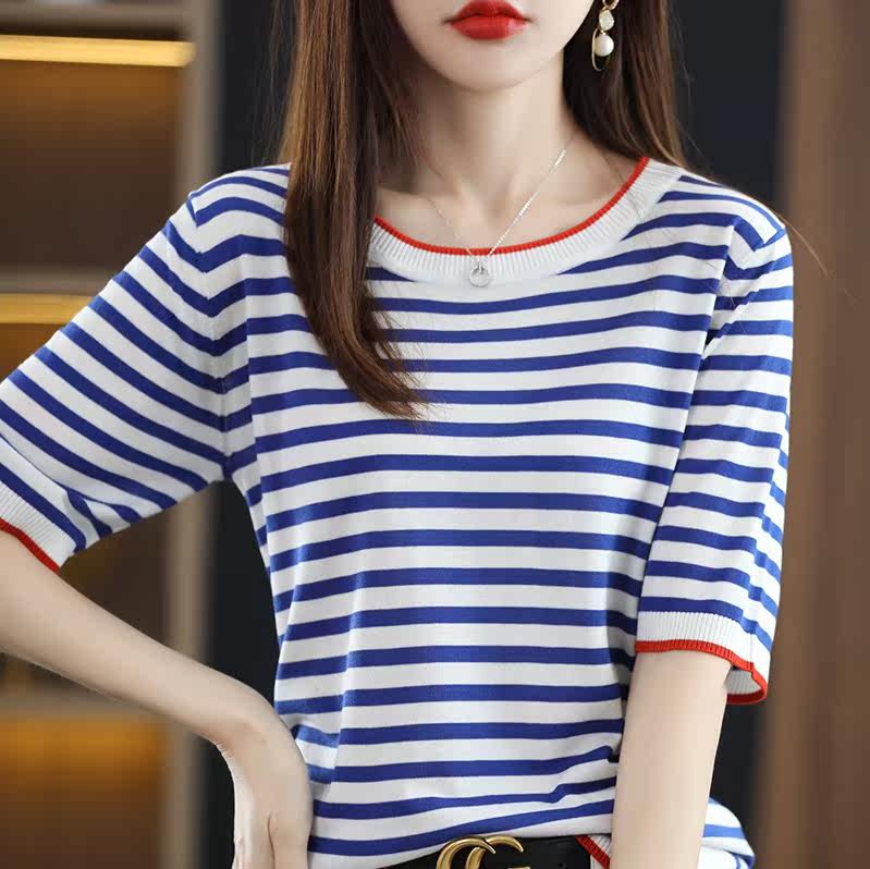 2022 summer Tencel round neck knitted short-sleeved women's thin section loose striped navy style age-reducing half-sleeved top T-shirt