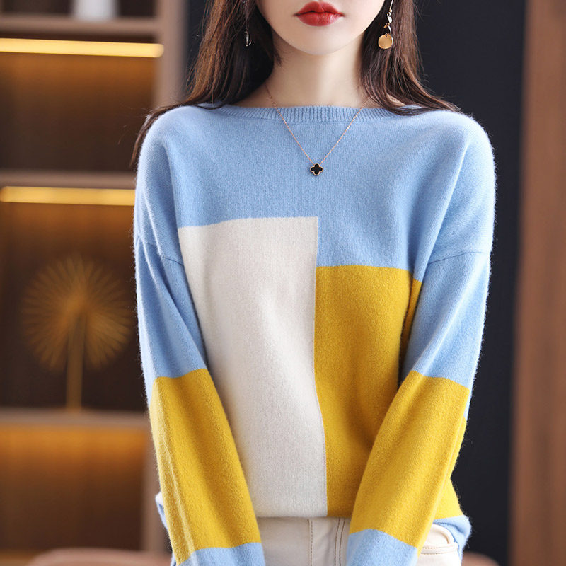 New women's clothing 2022 autumn and winter contrast color cashmere sweater loose pullover color matching wool sweater soft waxy sweater