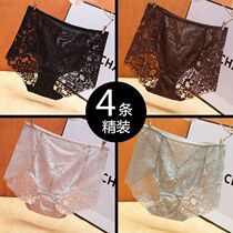 4 high-waisted panties womens lace sexy mesh thin perspective hip-raising belly large size cotton crotchless briefs
