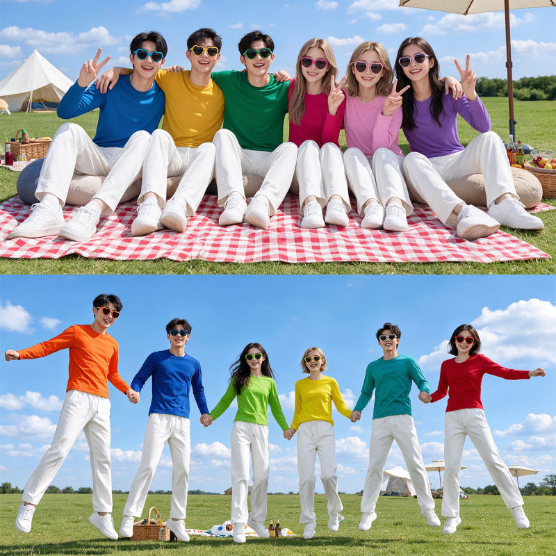 Colorful Dopamine Long-Sleeve T-Shirt for Men and Women, Loose-Fitting Pure Cotton Round-Neck Top for Sisters and Girlfriends, Party Outfit, Performance Costume