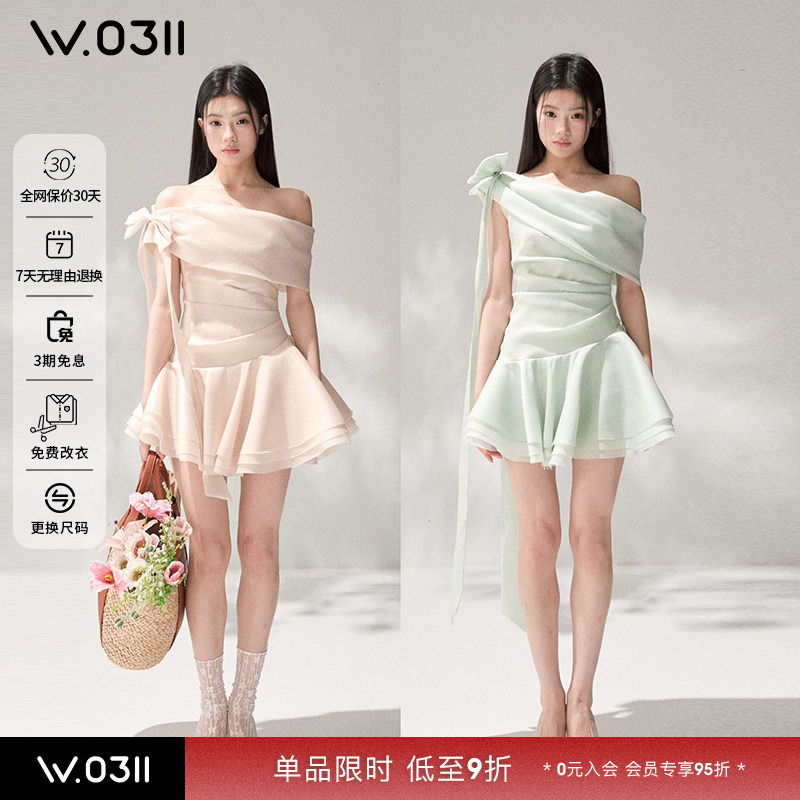Gina's Same Style [Jean Soo] W0311 Mountain Stone Dress with Asymmetrical Shoulder Pleats, Irregular Waist, and Puffy Skirt