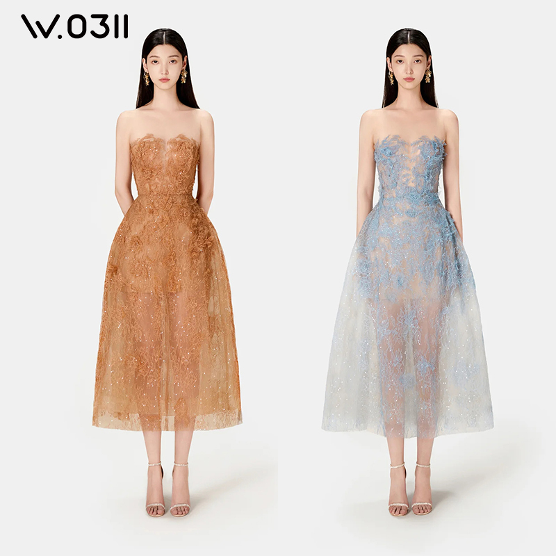 【Montsand】W0311 Mountain Stone Clothing Vietnamese Brand Elegant Sequin Lace Strapless Dress 【Montsand】W0311 Mountain Stone Clothing Vietnamese Brand Elegant Sequin Lace Strapless Dress