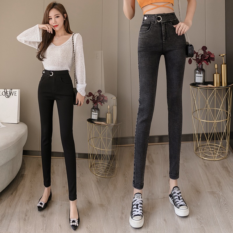 High Waist Elastic Pencil Jeans Women 2020 Fall new Slim Fit Black Small Feet Tight Fit Pants Outside of Pants Wear