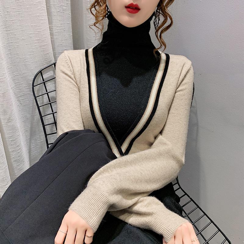 Pile pile turtleneck sweater women's autumn and winter outer wear large size 200 jin fake two pieces of Western style inner stitching knitted bottoming shirt