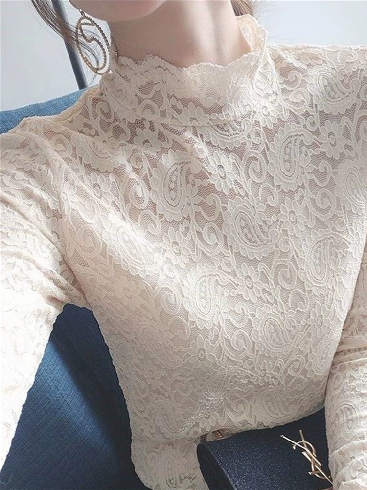 Sexy Lace Jersey Undershirt Woman 2021 Autumn Winter New European Goods Foreign Pie Long Sleeve Fairy gas mesh yarn Remain with a little sweatshirt