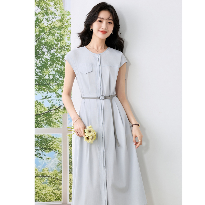 【Authentic Mall Same Style】Sleeveless Shirt Dress for Women, Summer Combed Cotton, A-Line, High-End Long Dress for Commuting