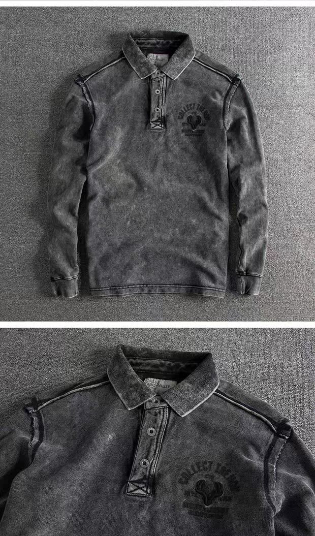 Rough mine wash nặng nước theo phong cách retro thêu đơn giản mùa thu và mùa đông nam cotton polo áo sơ mi dài tay chạm đáy áo thun polo