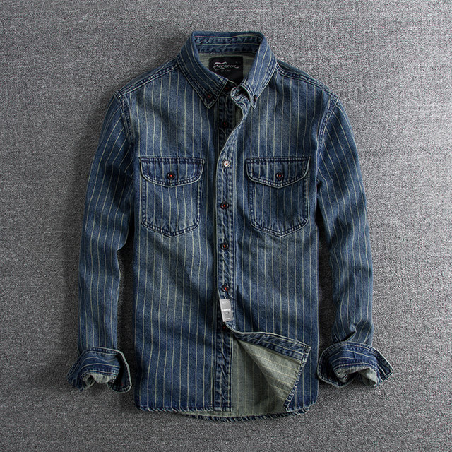 European and American khaki retro style washed old trendy spring and autumn men's striped denim long-sleeved shirt jacket