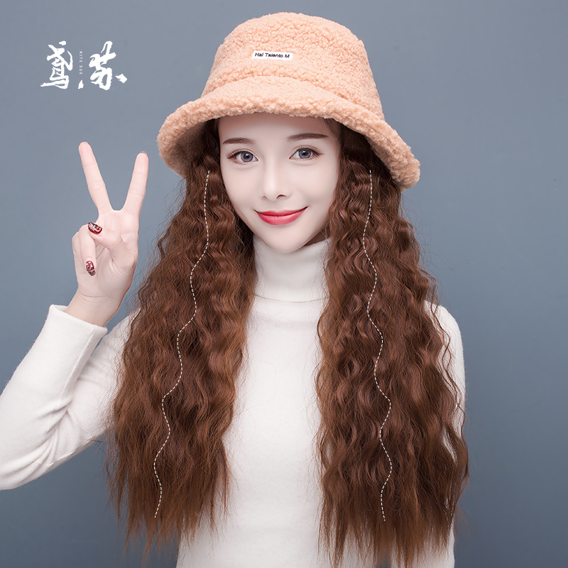 Wig Hat One Women Fashion Long Curly Hair Lamb Plush Fisherman Hat Wool Curly Wig Pot Cap Removable