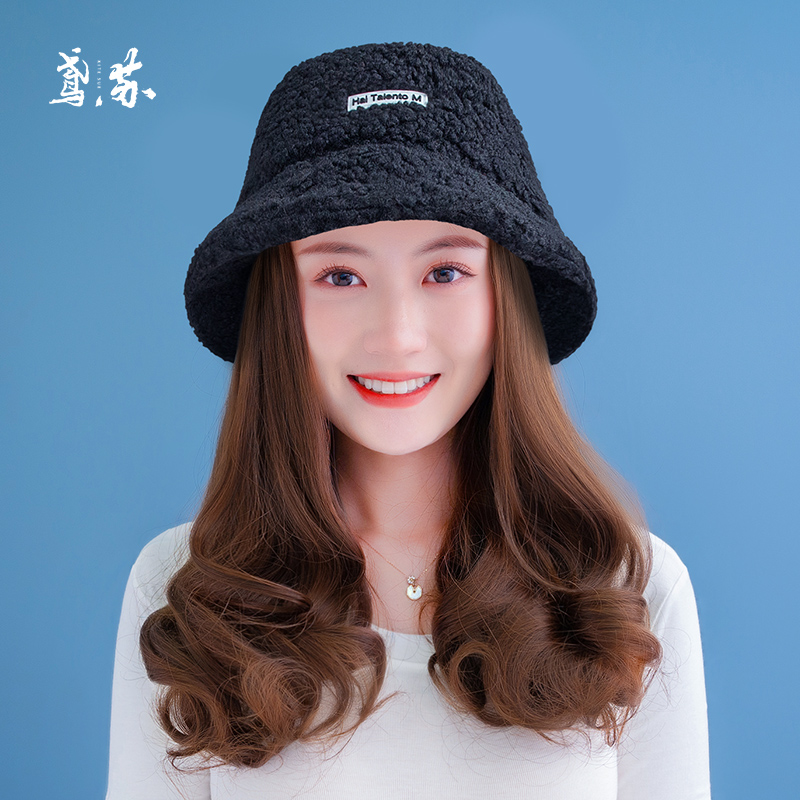 Lamb wool wig hat integrated fashion detachable autumn and winter models simulation long curly hair net red trend fisherman hat