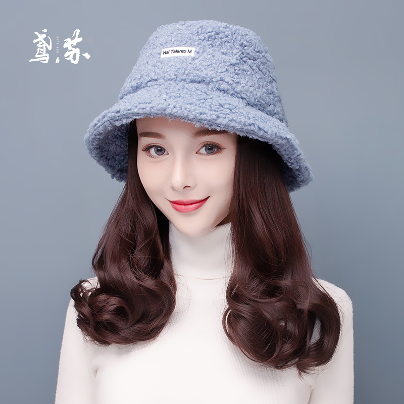 Lamb wool fisherman hat wig integrated fashion women's autumn and winter models medium and long curly hair basin hat short hair simulation detachable