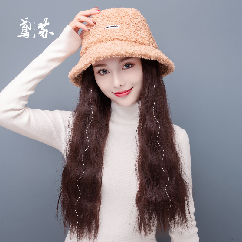 Sheep wool wig hat integrated long curly hair fashion women's winter warm lamb velvet fisherman hat wool roll detachable