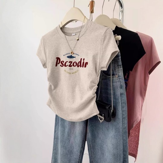 2025夏季新款美式正肩修身上衣女印花褶皱收腰显瘦花灰色短袖t恤