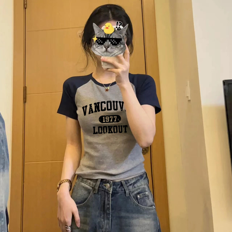 American Retro Color-Block Raglan Sleeve Petite Short-Sleeve T-Shirt for Women 2026 New Summer Bm Base Layer Trendy Top