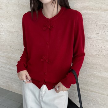 European fine wool cardigan with bow red small cardigan high quality top thin new chinese style bow women's clothing