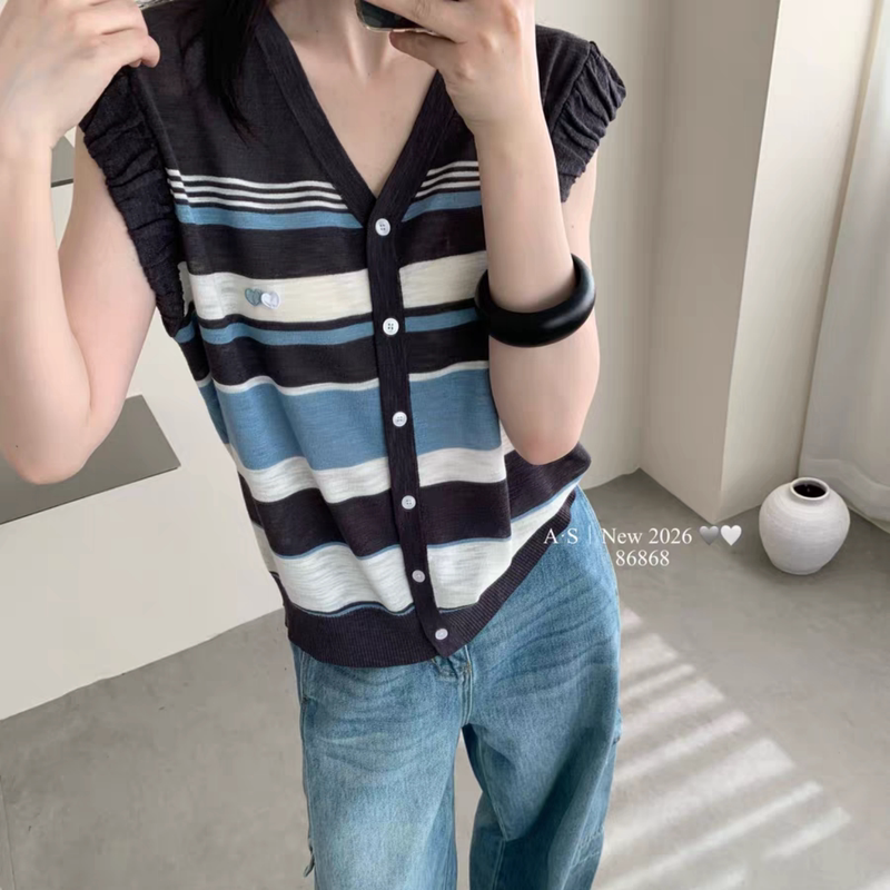 Korean Style Bamboo Linen Summer New Lace Flutter Sleeve Blue Color-Blocked V-Neck Cardigan Short-Sleeve Knit T-Shirt Top for Women Korean Style Bamboo Linen Summer New Lace Flutter Sleeve Blue Color-Blocked V-Neck Cardigan Short-Sleeve Knit T-Shirt Top for Women