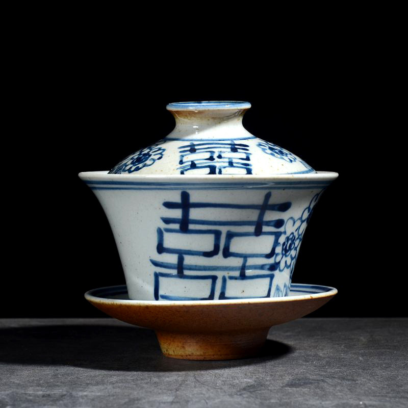 Jingdezhen rough pottery antique covered bowl tea maker hand-painted blue and white glaze color vintage three cai covered bowl Kung fu covered bowl cup