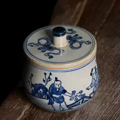 Jingdezhen blue and white porcelain tea cans, coarse pottery, retro figures, hand-painted tea storage cans, home new Chinese storage cans