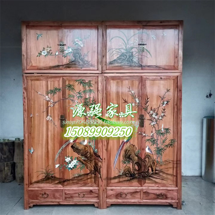 YQ018 old elm top box cabinet Chinese style solid wood top box wardrobe depicting gold carving wardrobe fragrance camphor wood wardrobe customization
