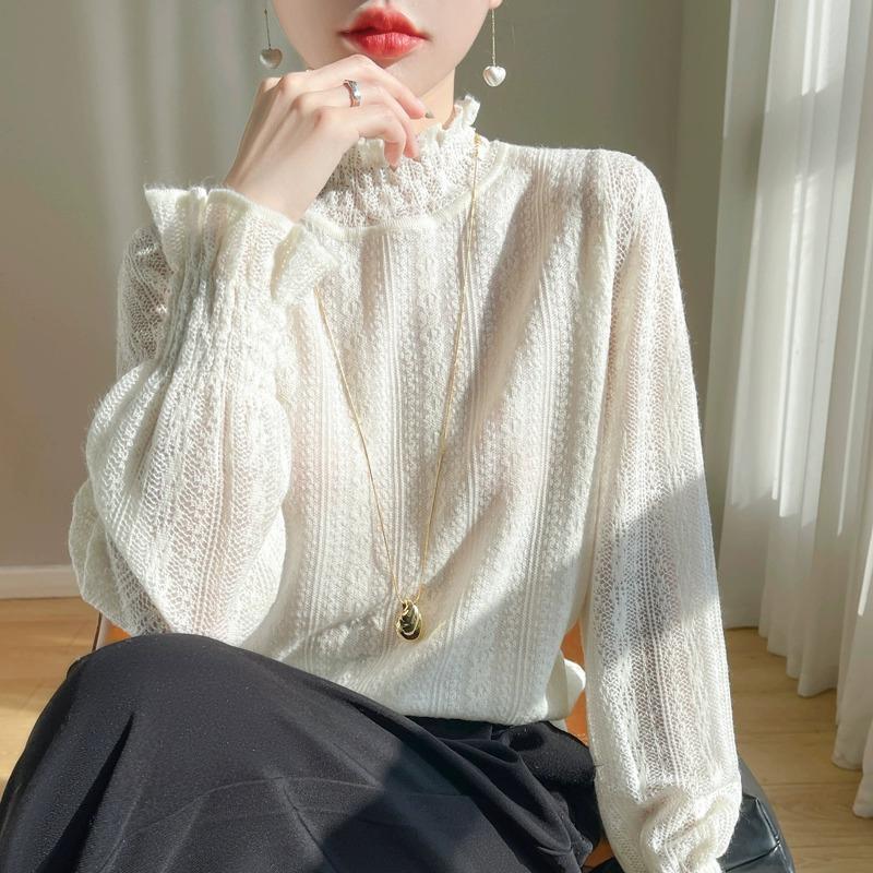 Chanel-Style Thin White Lace Blouse with Half-High Collar, Suitable as a Base Layer, Featuring a Delicate Hollow-Out Design and Ruffled Edges