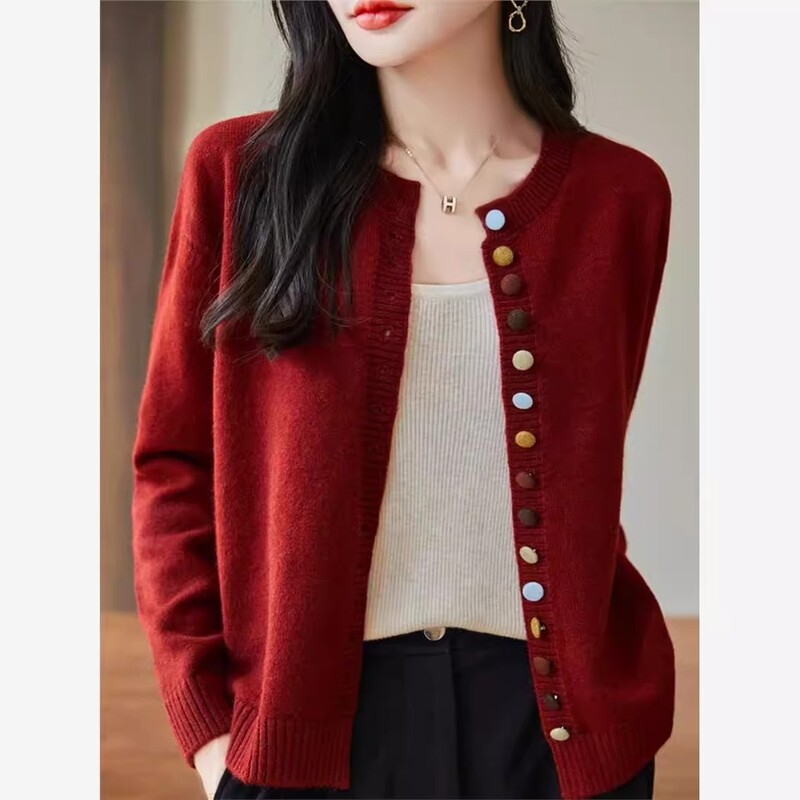 Colorful Button Round-Neck Knitted Cardigan for Women, Anchor Red, Loose Fit, Layered Long-Sleeve, Spring and Autumn, Chanel-Style Sweater Jacket