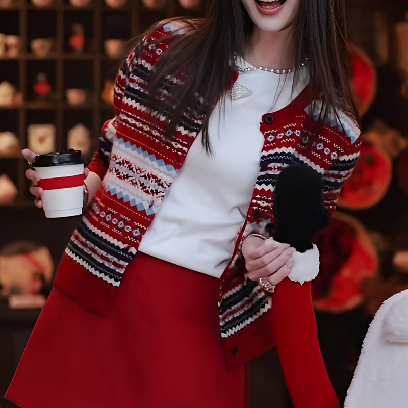 Fair Isle Jacquard Wool Cardigan for Women, Loose Fit, Autumn and Winter, Christmas and New Year Red Sweater Coat, Elegant Knitwear