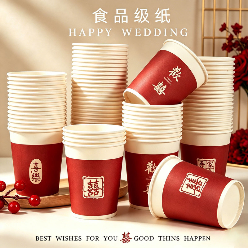 Wedding Paper Cups, Disposable Wedding Cups, Food-Grade Thickened Red High-End Wedding Cups, High-Temperature Resistant and Anti-Scalding Drinking Cups