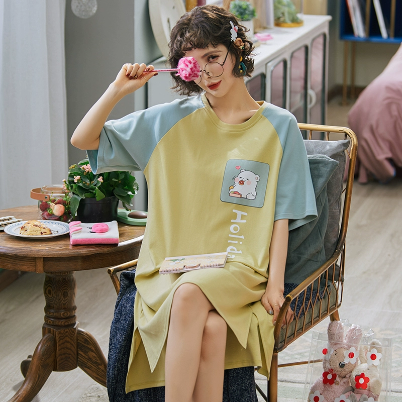 Bộ đồ ngủ của phụ nữ mùa xuân và mùa hè cotton tinh khiết Hàn Quốc cô gái dễ thương đồ ngủ ngắn tay nữ mặc nhà - Đêm đầm