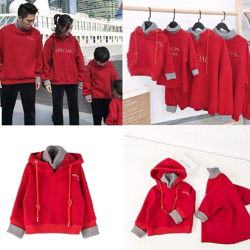 Pro-child clothes autumn and winter family of three-family red plus velvet clothing winter mother and son dress for the Chinese New Year Internet Red Mother's dress