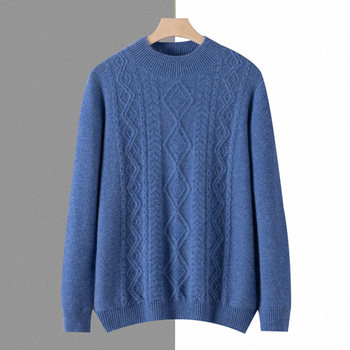 Autumn and winter double-strand thickened half-turtle collar cable cashmere sweater men's loose casual pullover sweater knitted bottoming shirt