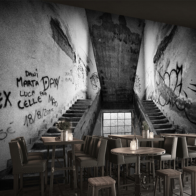Custom nostalgic retro gray wallpaper coffee restaurant art 3D three-dimensional personality creative background wall graffiti mural