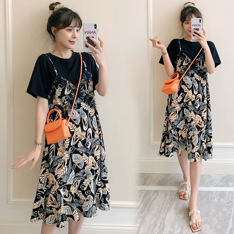Pregnant woman summer dress Korean style fairy skirt snowspin skirt summer large short sleeves over knee long skirt
