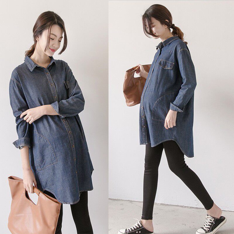 Maternity spring suits fashion 2020 new tops Korean version large size denim dress mid-length shirts trendy