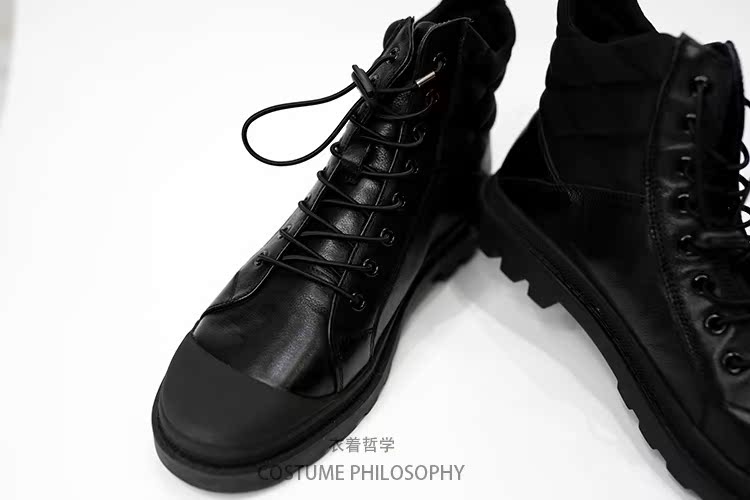Giày da cao cổ tối màu đen thu đông đơn giản giày sneaker