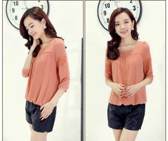 Áo voan 7 điểm tay 2018 xuân hè mới size lớn rộng rãi ren mỏng chạm đáy áo sơ mi ngắn tay nhỏ áo sơ mi voan mỏng