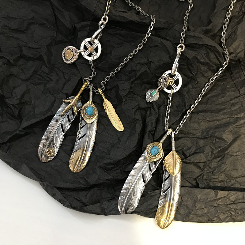Different Silversmiths 925スターリングシルバー イーグルクロー ターコイズ フェザーリーフペンダント 太角チェーン ヴィンテージ タイシルバー メンズ＆レディース ロングネックレス