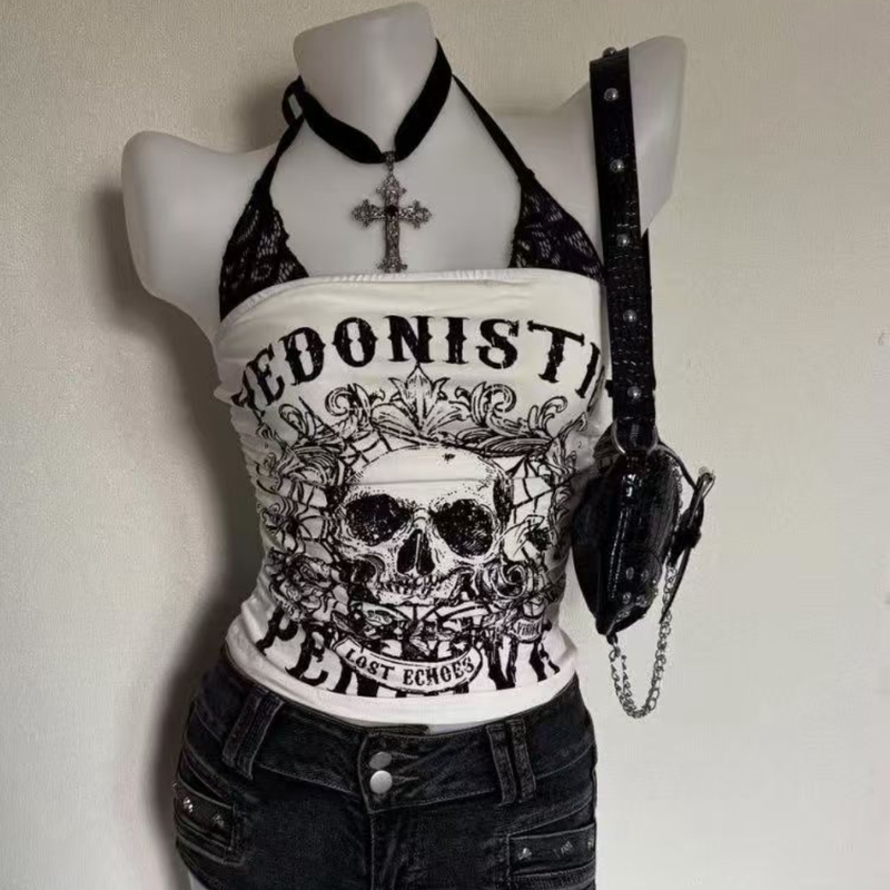 Y2K Hot Girl Skull Halter Top Women's Summer American Retro Distressed Print Short Top Slimming Camisole