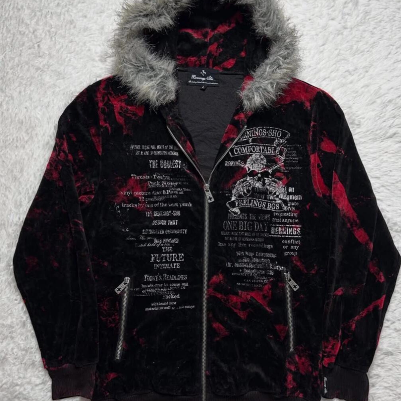 American Retro Dark Gothic Style Red and Black Tie-Dye Large Fur Collar Hooded Sweatshirt Skull Print Punk Zipper Jacket American Retro Dark Gothic Style Red and Black Tie-Dye Large Fur Collar Hooded Sweatshirt Skull Print Punk Zipper Jacket