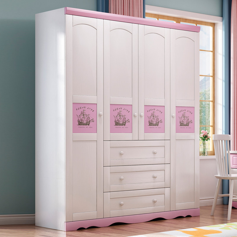 Children's solid wood four-door wardrobe modern minimalist storage storage home bedroom large wardrobe small apartment cabinet