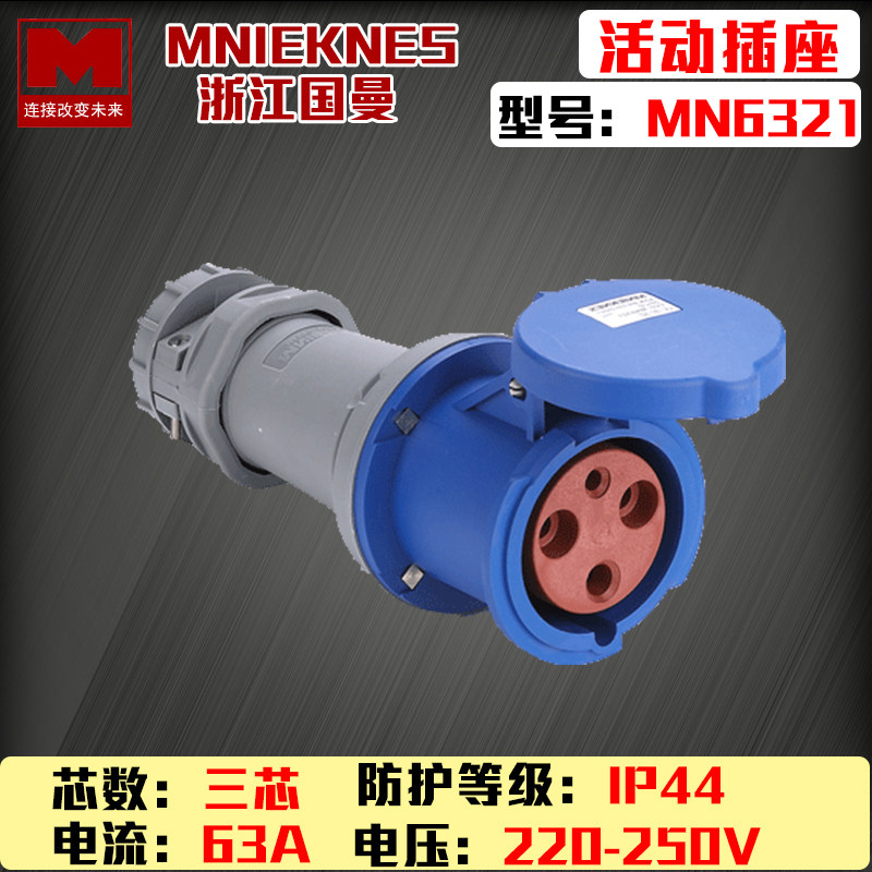 Zhejiang Guan MNIEKNES three-core 63A220V industrial waterproof active connector socket MN6321