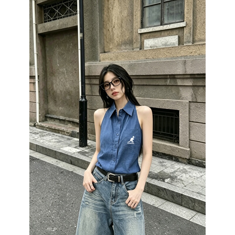 Kengdl Retro Korean Style Polo Collar Women's Summer Shirt for Outerwear Casual Single-Breasted Halter Neck Sleeveless Vest Top Kengdl Retro Korean Style Polo Collar Women's Summer Shirt for Outerwear Casual Single-Breasted Halter Neck Sleeveless Vest Top
