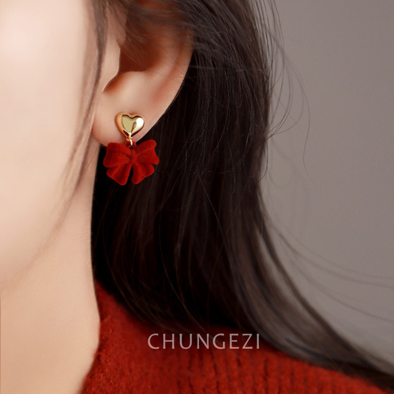 Christmas red velvet butterfly knot loving ear clip woman without earbuff, autumn winter light extravagant senior feel the New Year's ear wave-Taobao