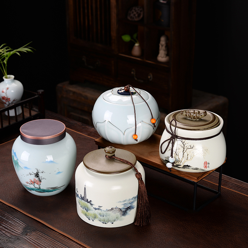 Ceramic Tea Canister, Large Sealed Jar, Empty Storage Jar, Porcelain Jar, Black Tea, Green Tea, Pu'Er Tea Canister, Household Moisture-Proof Jar Ceramic Tea Canister, Large Sealed Jar, Empty Storage Jar, Porcelain Jar, Black Tea, Green Tea, Pu'Er Tea Canister, Household Moisture-Proof Jar