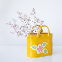 Japan imported tooiyaki hand-painted cherry blossom yellow glaze bag type small flower Ware tableware storage tube desktop brush tube