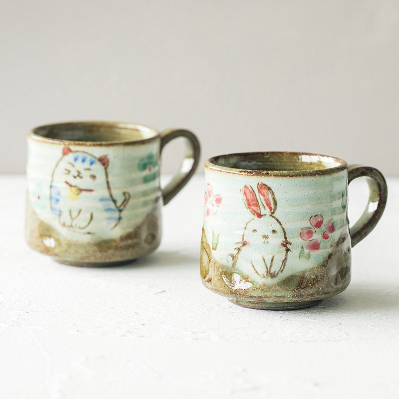 Japanese Seto-yaki hand-painted underglaze coarse pottery flower cat Cherry Blossom Rabbit Vintage couple mug Coffee tea cup