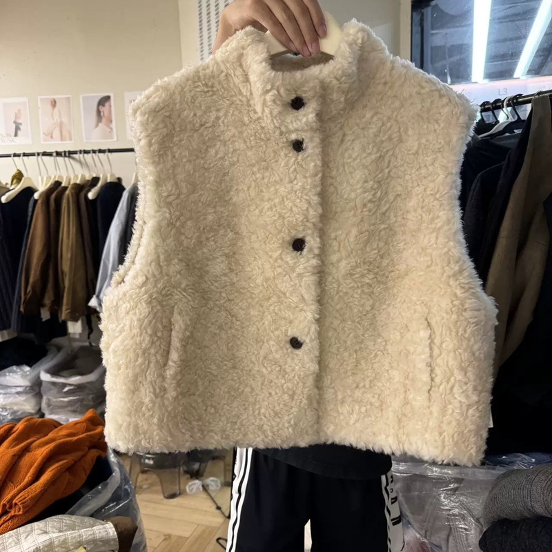 100% Wool Stand-Up Collar Lamb Fur Integrated Vest for Women, New Autumn and Winter Style, Short Fur Vest for Petite Women