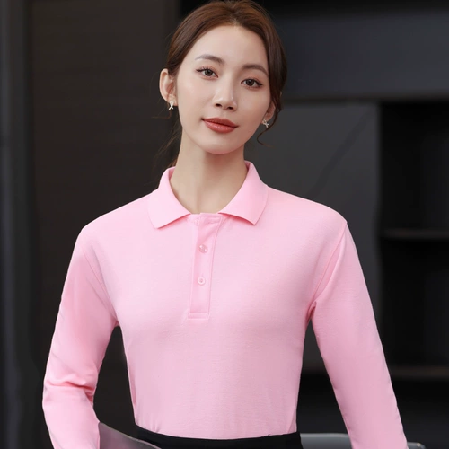 纯色商务t恤长袖粉色Polo衫男女超市母婴店营业员春秋装定制印字