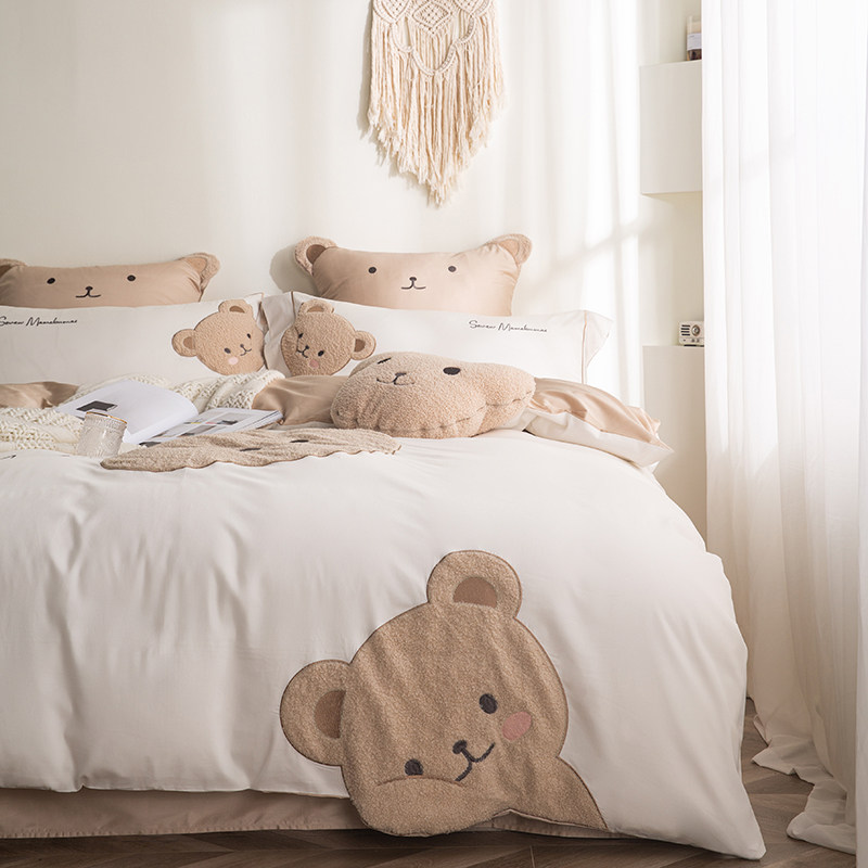 Cute Bear Cartoon 60 Long Suede Cotton Four Sets Bedding Bedding All-cotton Quilt Cover Pure Cotton Male main wind Children's bed hat